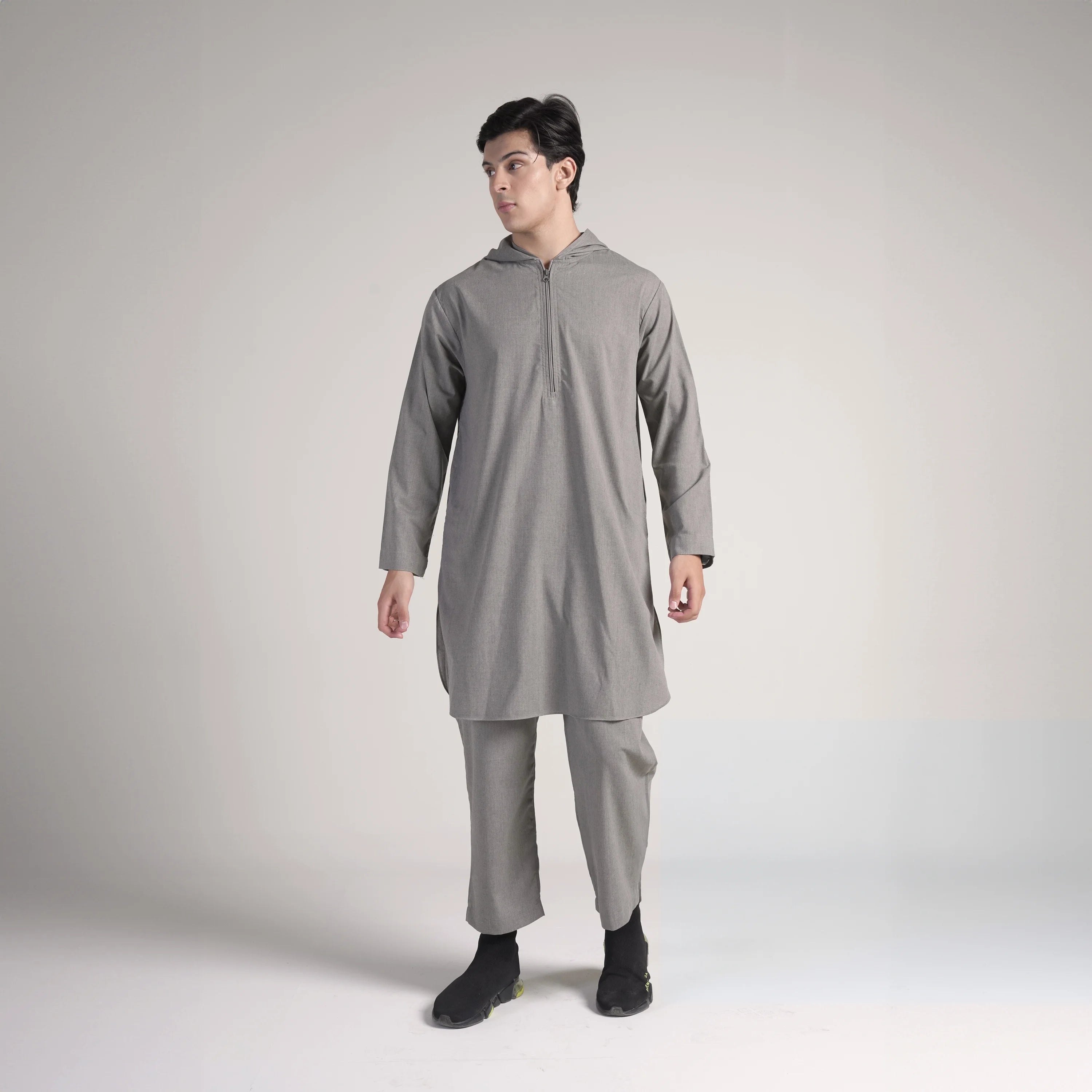 Steel Contemporary Kurta Hoodie Suit